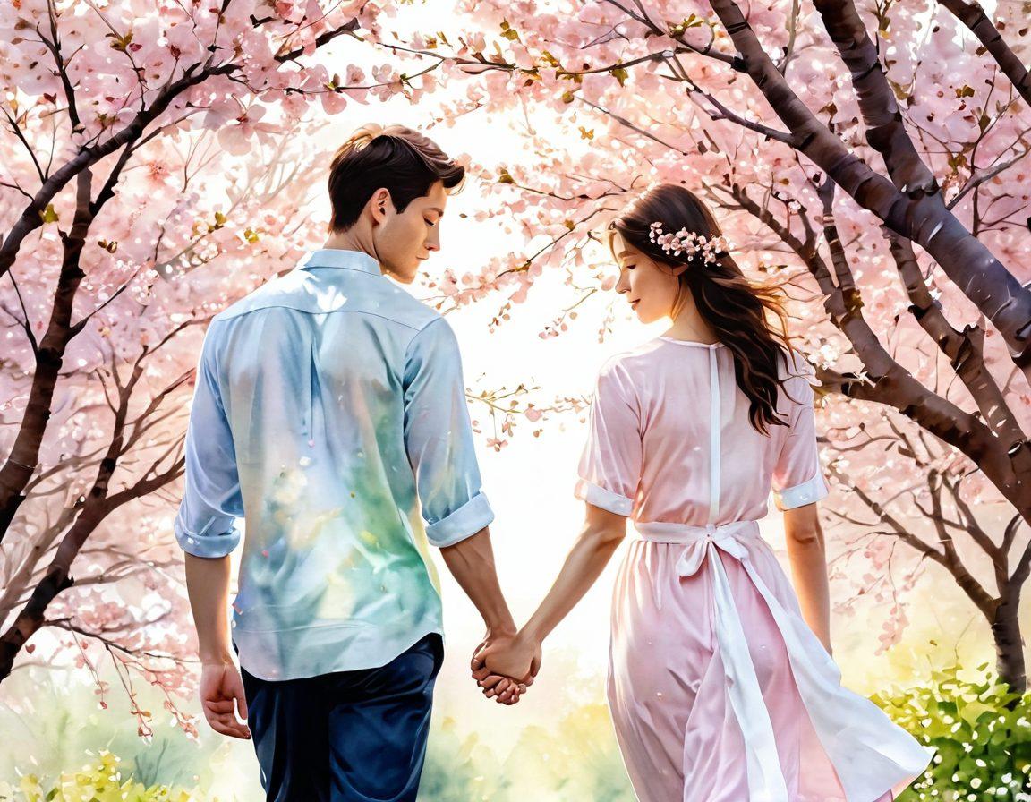 A serene scene of a couple holding hands, surrounded by blooming cherry blossoms, with sunlight filtering through the leaves, symbolizing the journey from fondness to fidelity. In the background, soft pastel colors create a dreamy atmosphere, while hearts subtly emerge among the flowers. The couple should be diverse, representing unity and love in all its forms. watercolor. soft focus. dreamy pastel colors.