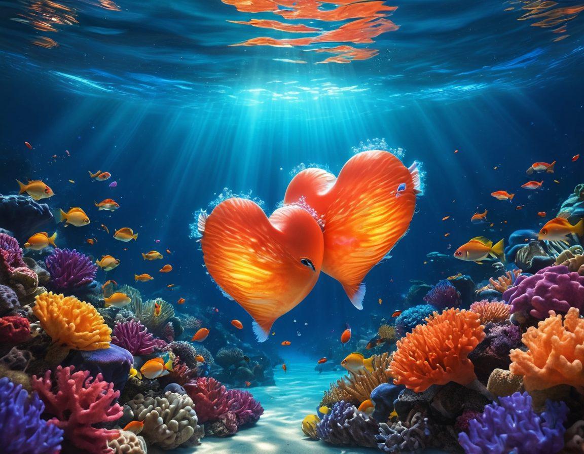 A serene underwater scene depicting two hearts intertwined, surrounded by vibrant coral reefs teeming with colorful fish. Soft beams of light filtering through the water create a sense of warmth and connection, while bubbles rise gently around them. Symbols of affection, like flowers and small glowing orbs, float nearby to enhance the romantic atmosphere. The deep blue ocean contrasts with warm hues of the hearts, creating a captivating visual experience. 3D. vibrant colors. surreal.