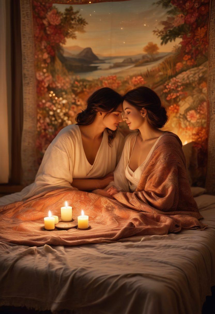 A cozy, warmly lit room filled with soft, plush textures that signify intimacy; soft candlelight flickers off a beautifully woven tapestry depicting intertwined lovers under a starlit sky. Delicate flowers and heart motifs accent the tapestry, enhancing the romantic ambiance. A couple can be seen sharing a tender moment in the foreground, surrounded by a gentle glow. dreamy, romantic vibes. super-realistic. warm colors.